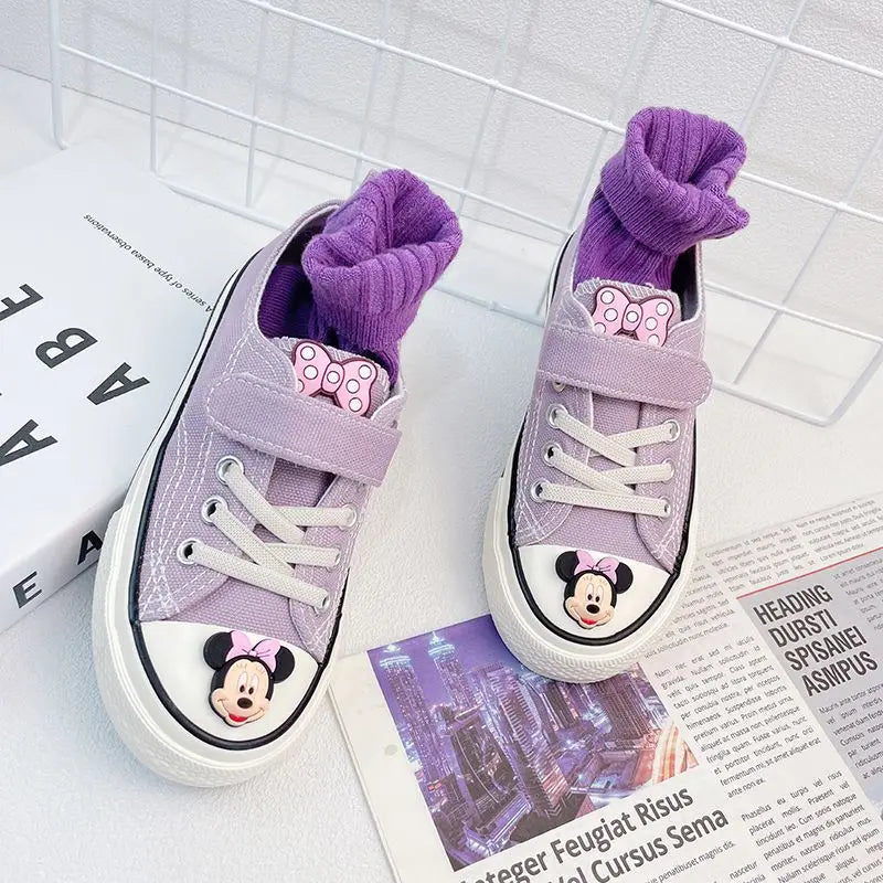 Disney Girls' Canvas Casual Shoes Soft Sole High Top Cartoon Mickey Mouse Minnie Purple White Breathable Shoes Flats Size 24-37