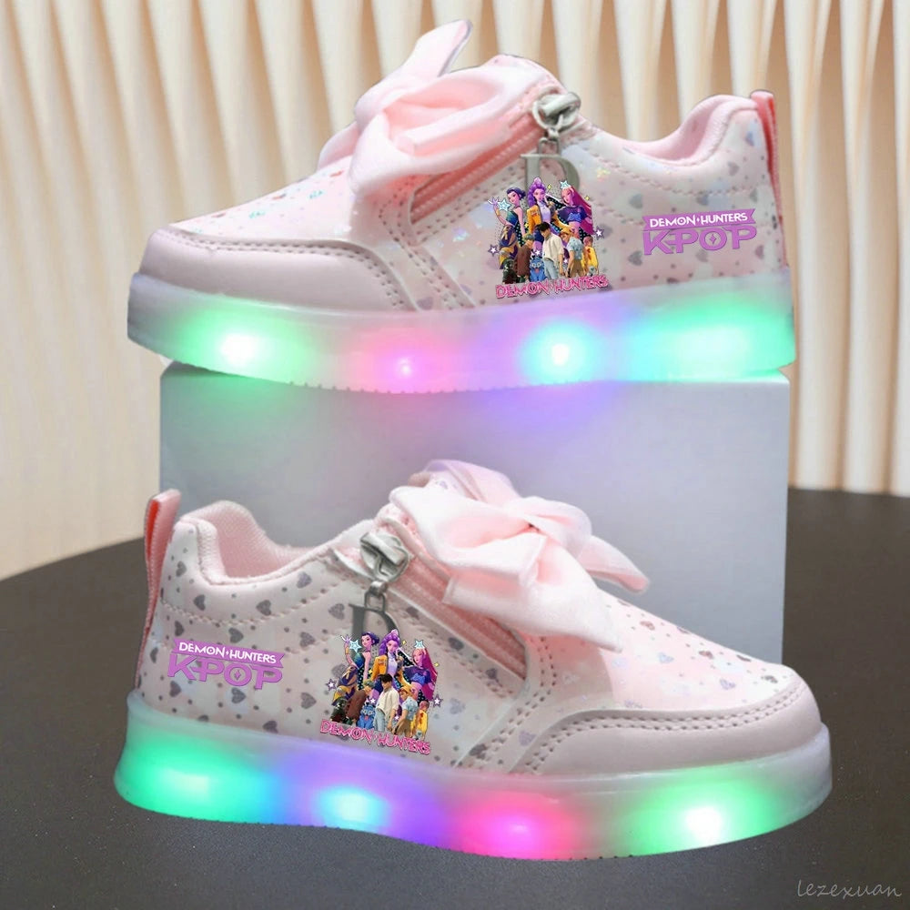 LED Casual Sneakers For Spring Girls KPop Demon Hunters Printed Mesh Breathable Shoes Children Lighted Non-slip Pink Purple