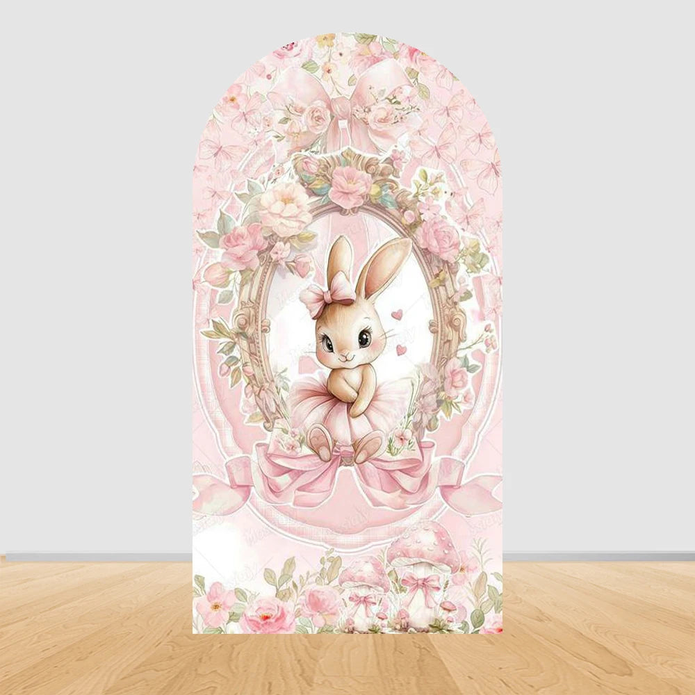 Pink Floral Bowknot Bunny Rabbit Arch Backdrop Cover Girl's Birthday Sweetheart Party Decor Photo Photography Background Props