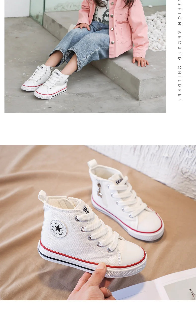Children's High-Top Canvas Shoes Soft Bottom Comfortable Non-slip Casual Shoes Summer Simple Solid Color Lace-Up Canvas Shoes