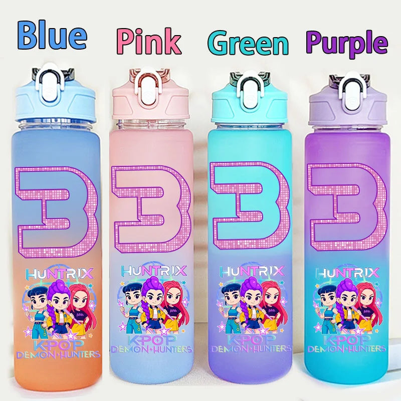 I YAN Kpop Demon Hunters 750ML water bottle featuring warriors letter and number design, suitable for kids' school accessories.