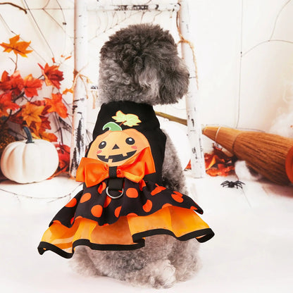 Halloween Pumpkin Dog Dress with Bow – Cute Costume for Small Dogs