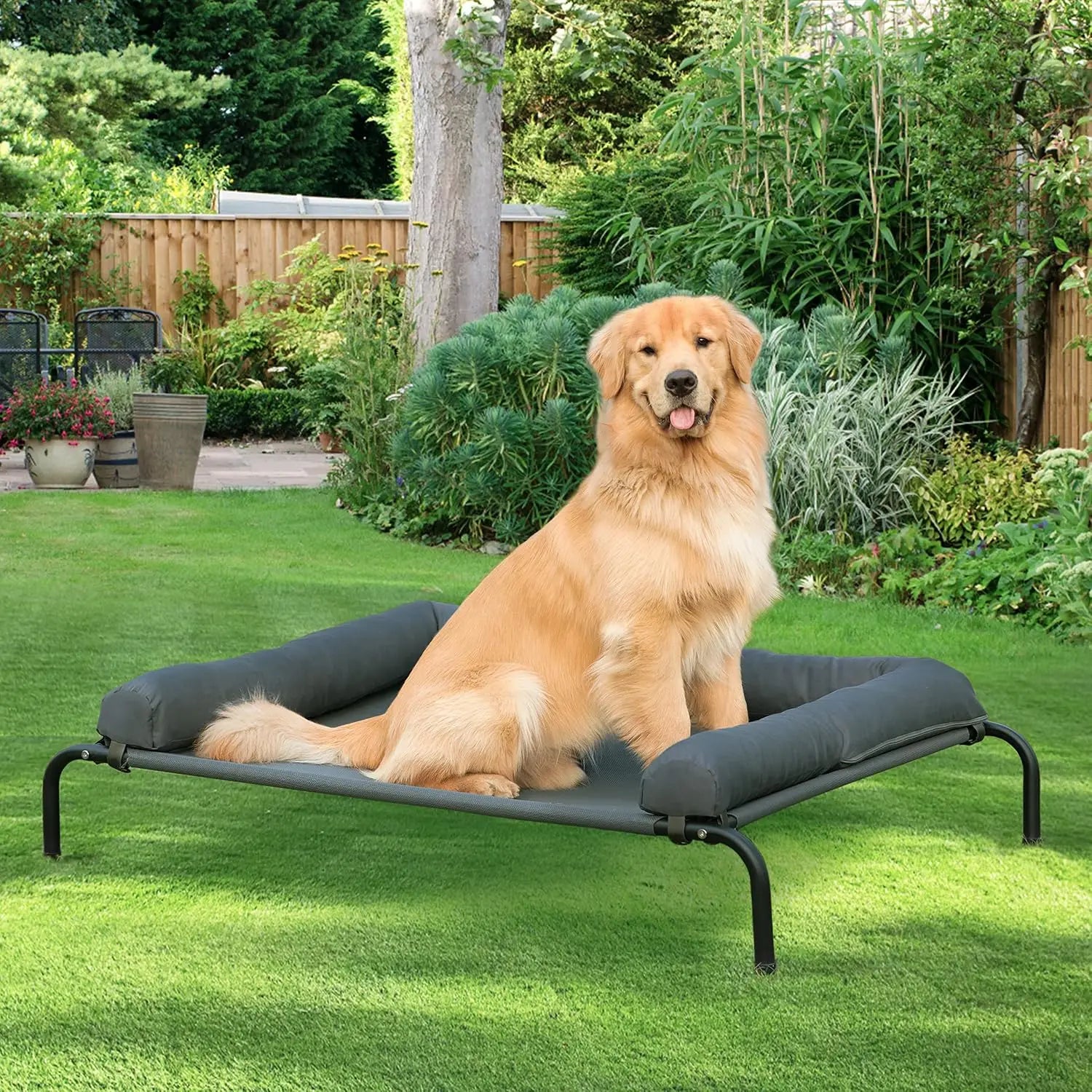Elevated Cooling Dog Bed for Large Dogs, Portable Indoor Outdoor Raised Cot with Breathable Mesh, Chew Proof Pet Hammock, Removable Waterproof Bolsters