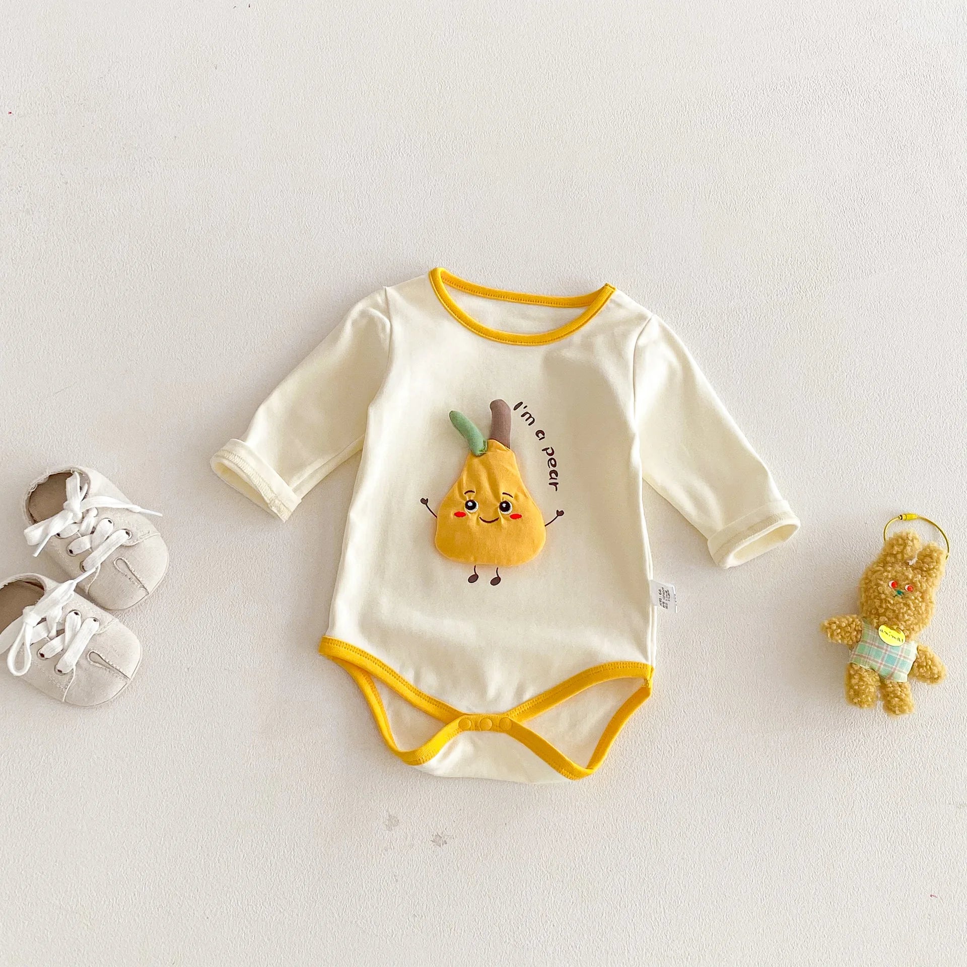 2026 Spring New Baby Clothes Pear Print Infant Girls One Piece Korean Style Boys Bodysuits Long Sleeve Girls Clothing