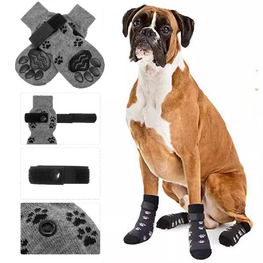 I YAN anti-slip dog socks 4-pack with paw pattern, adjustable paw protection for improved grip and paw safety during walks.