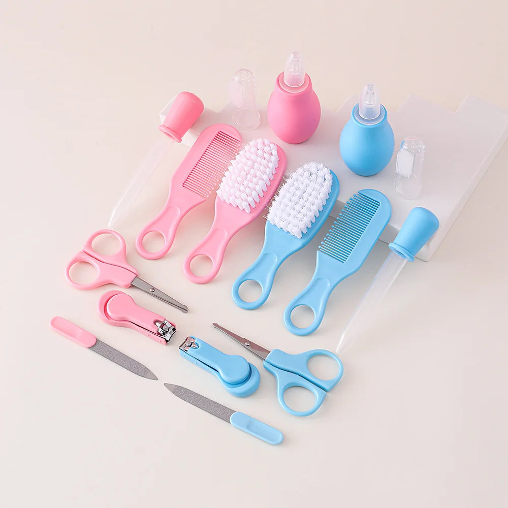 I YAN 8-piece baby grooming kit including hair brush, comb, nail clippers, scissors, toothbrush, and nasal aspirator for newborns.