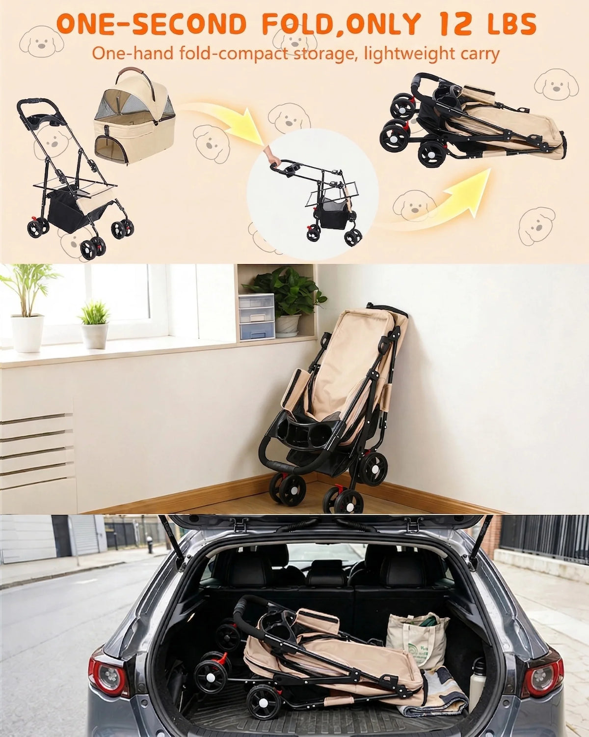 Foldable lightweight 2-in-1 pet stroller for small dogs and cats, with removable carrier and four wheels, by I YAN.