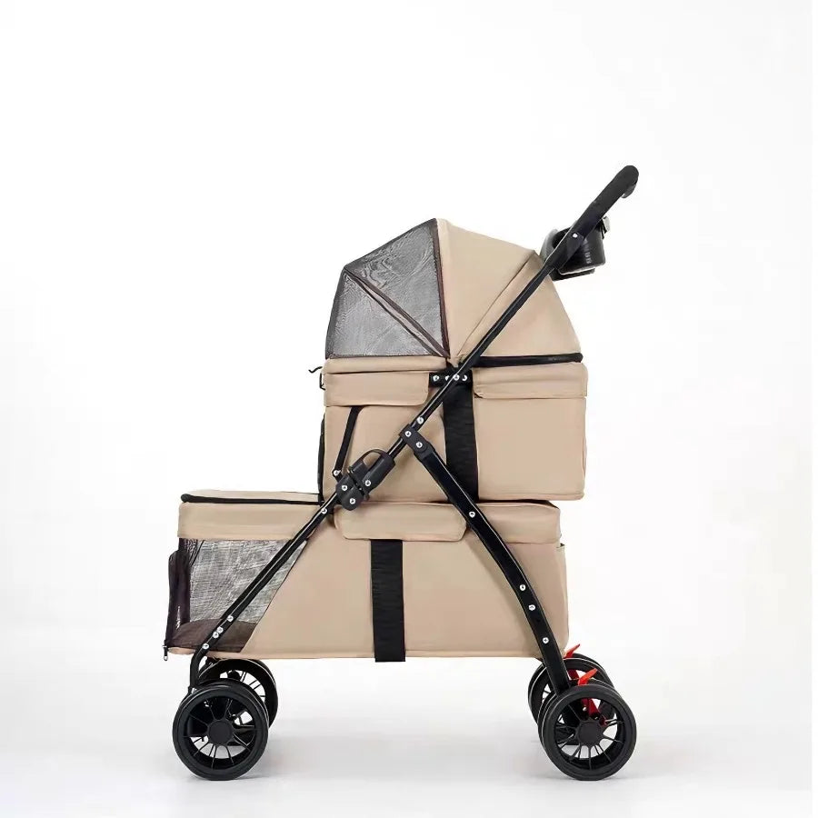 Foldable I YAN double pet stroller for small cats and dogs with lockable wheels and two carriages, perfect for travel and strolling.