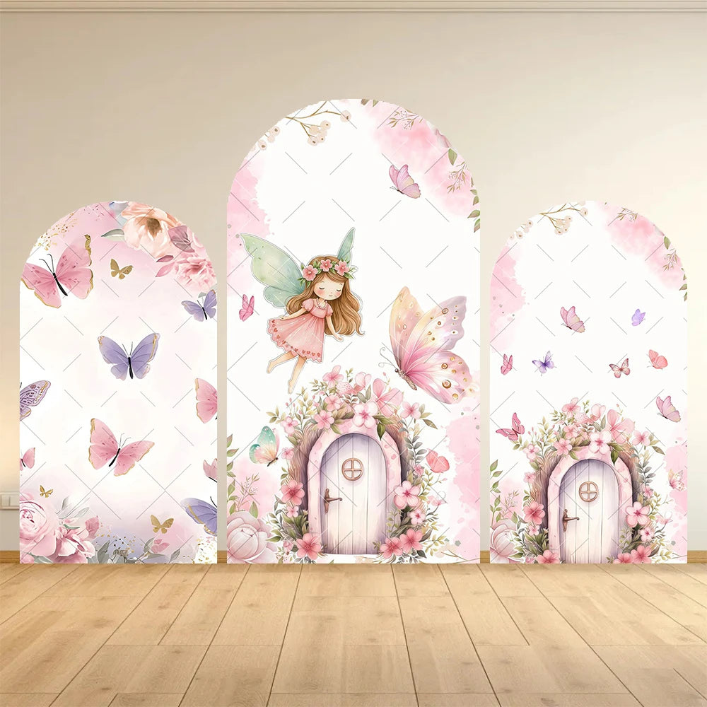 Fairy Woodhouse Arch Backdrop Cover Girls Birthday Baby Shower Pink Floral Butterfly Arched Background Photography Party Decor