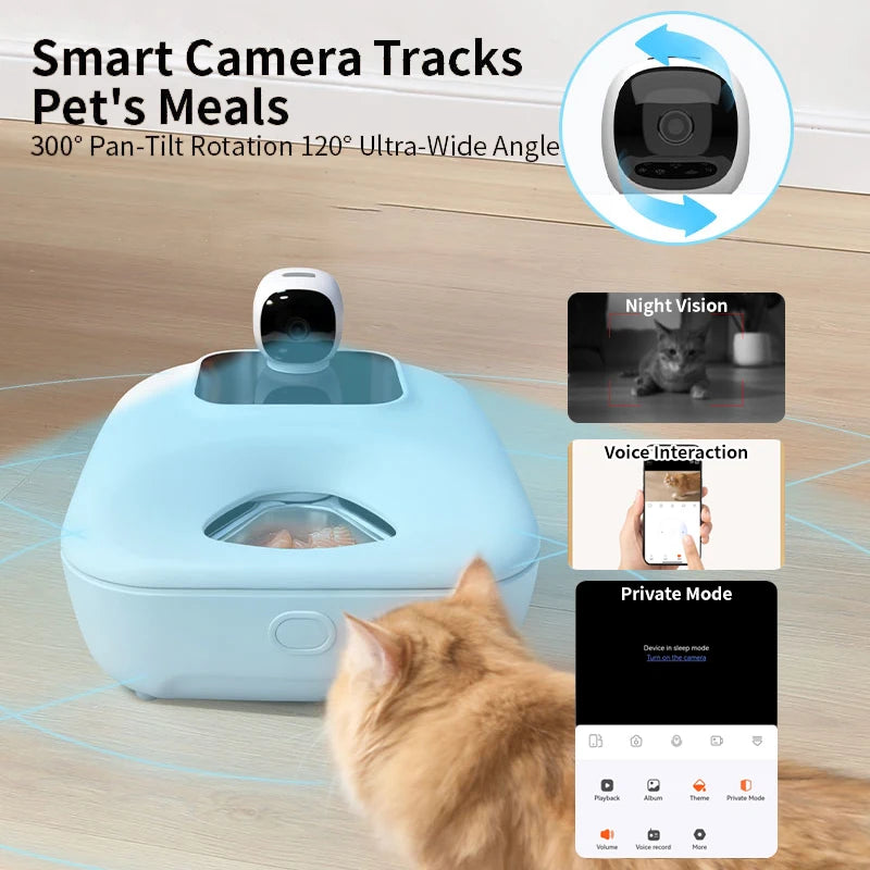 I YAN Smart 5-Meal Pet Wet Food Feeder with WiFi app control, built-in camera, and auto cooling system, for convenient pet feeding.