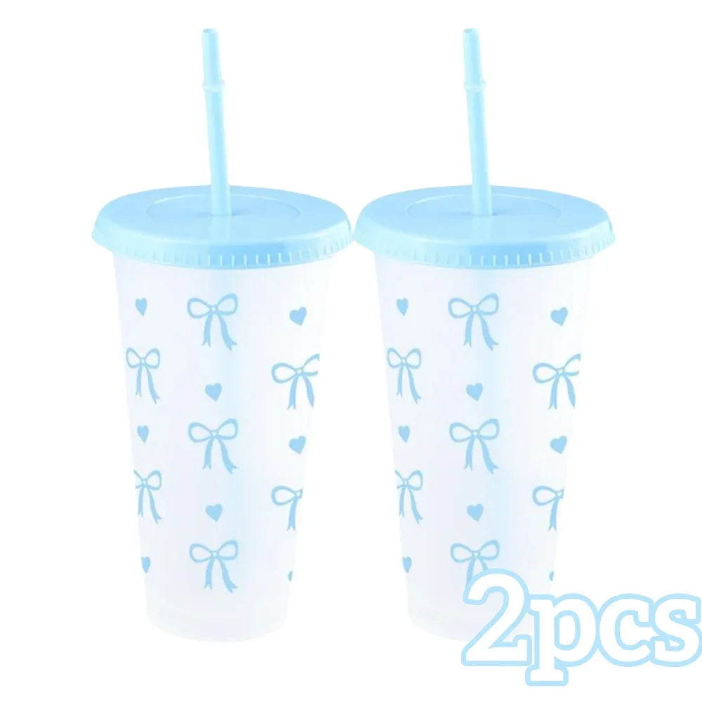 2/20pcs  Reusable Party Cups with Straw & Lid Cute Bow Plastic Tumblers for Cold Drinks Home Office Outdoor Use