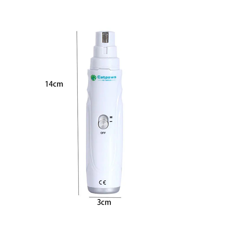 I YAN Quiet electric pet nail grinder with USB recharge, showing a dog and cat being groomed with the claw trimmer.