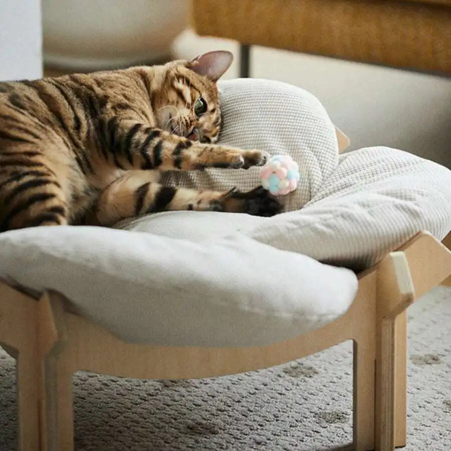 Wooden Elevated Cat Bed With Soft Cushion, Indoor Cat Hammock Lounge, Multi-Purpose Kitten Cradle, Modern Cat Sofa For Living