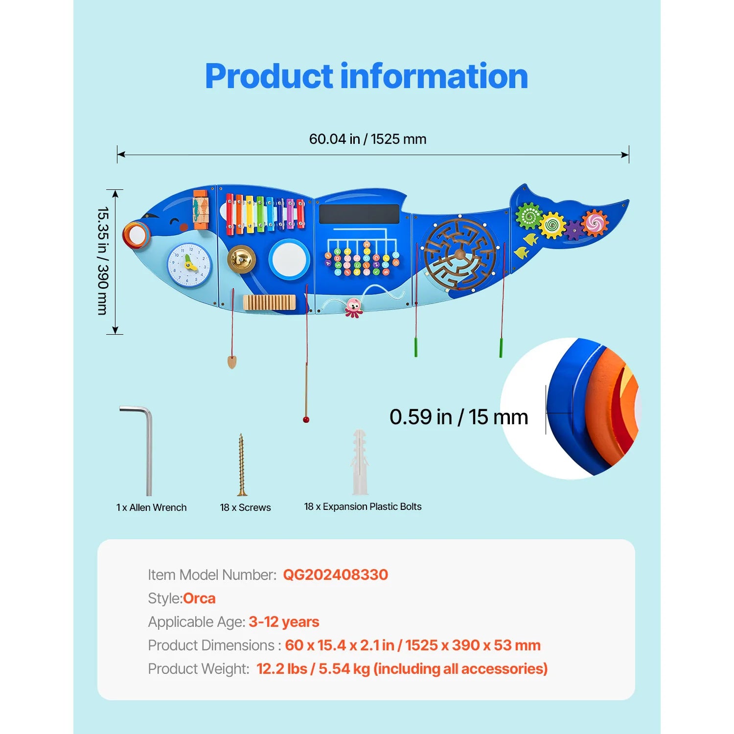 SucceBuy Orca Kids Wall Busy Board by I YAN featuring 12 activity panels for toddler sensory and Montessori learning play.
