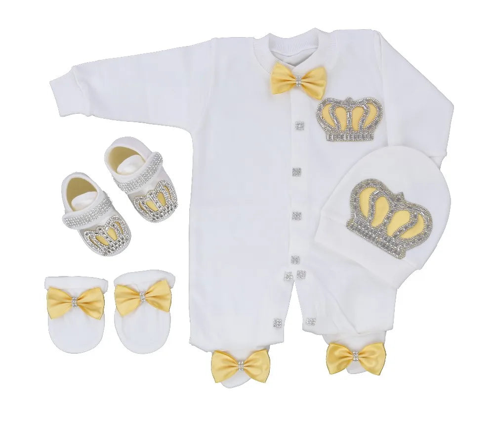 Luxury Newborn Baby Romper Set 4-Piece – Crystal Crown Layette for Photography & Coming Home - I YAN