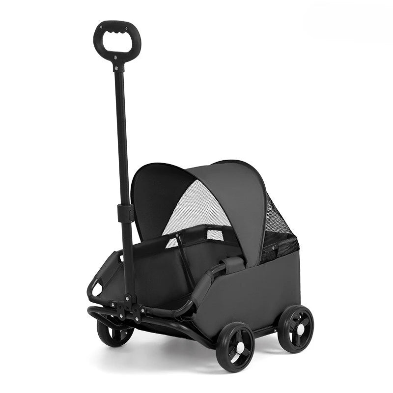 I YAN 4-wheel pet stroller with UV sun canopy, breathable mesh window, retractable handle, suitable for small dogs and cats.
