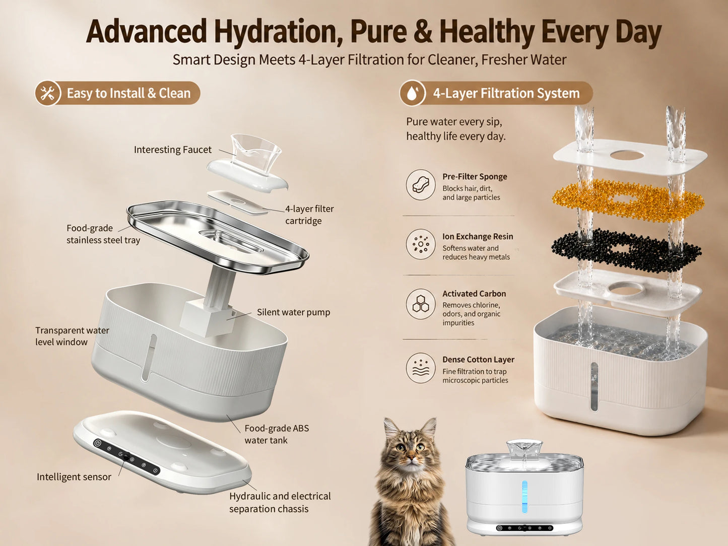 Cordless Cat Water Fountain 3.5L 8000mAh Rechargeable Wireless Pet Water Dispenser Separate Water & Electricity Safe Automatic Circulating Drinking Fountain for Cats Small Dogs