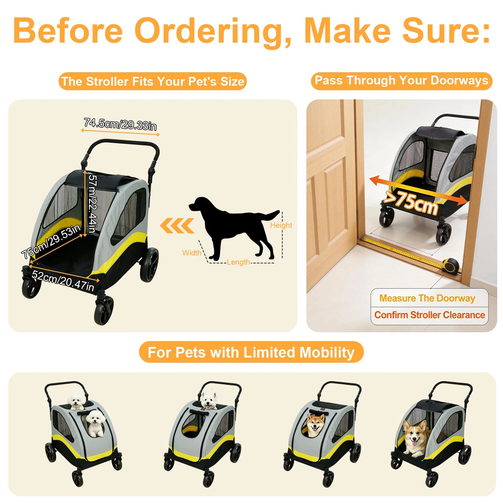 Premium Dog Stroller Pram 4 Wheel Foldable Cart Travel Walk Pet Jogger Wagon for Small Medium Large Dogs