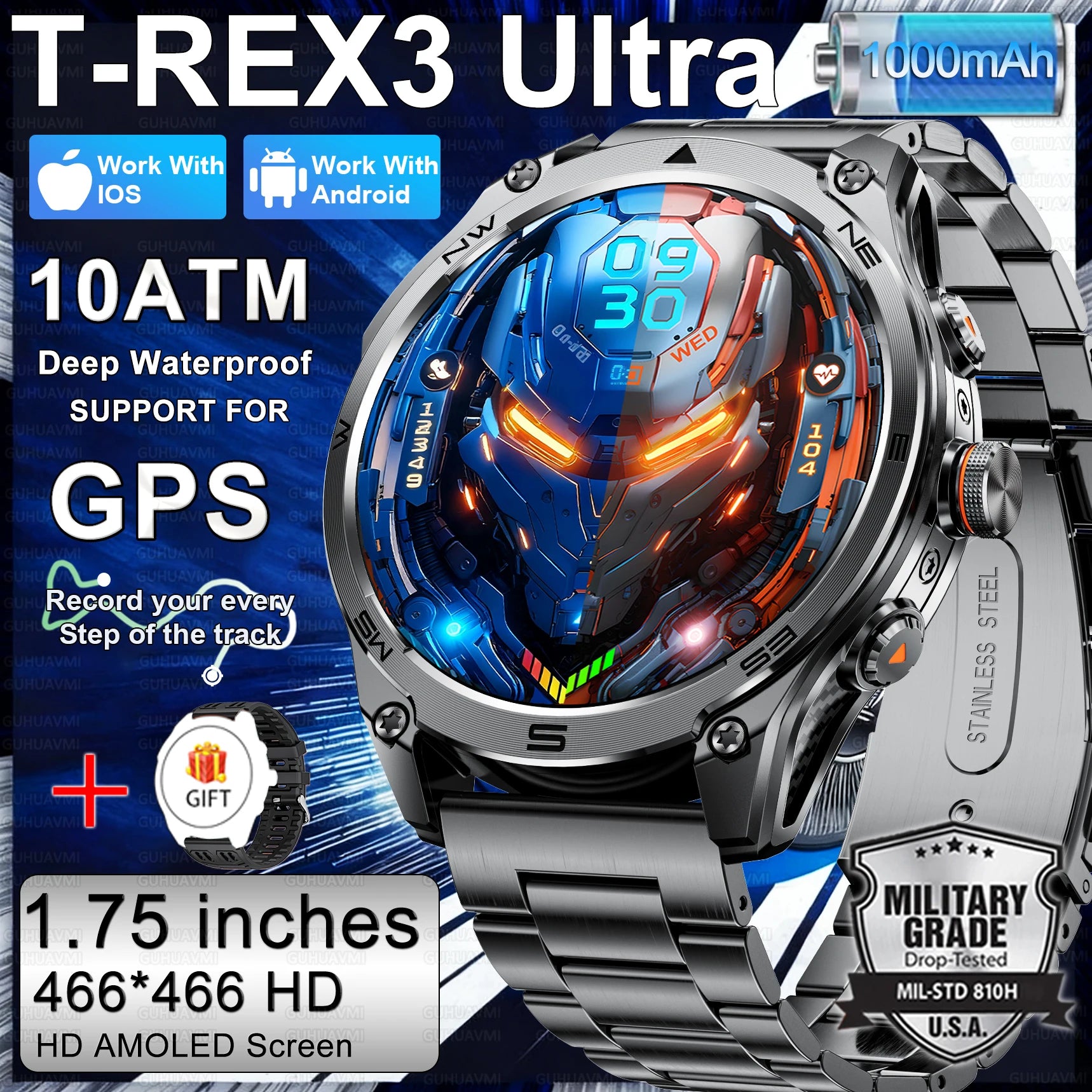 2026 New Military Smart Watch 1000Mah Battery GPS trace Compass 10ATM Waterproof Tactics Sport Flashlight call Smart Watch Men