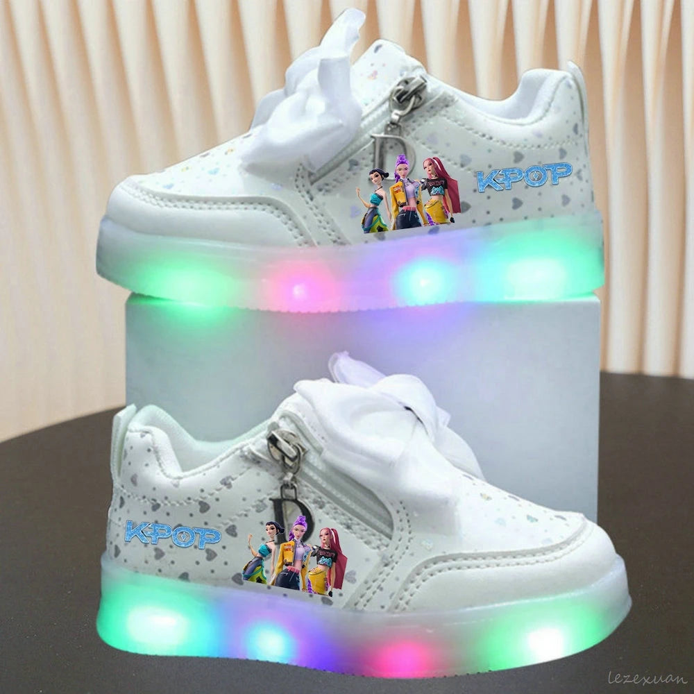LED Casual Sneakers For Spring Girls KPop Demon Hunters Printed Mesh Breathable Shoes Children Lighted Non-slip Pink Purple
