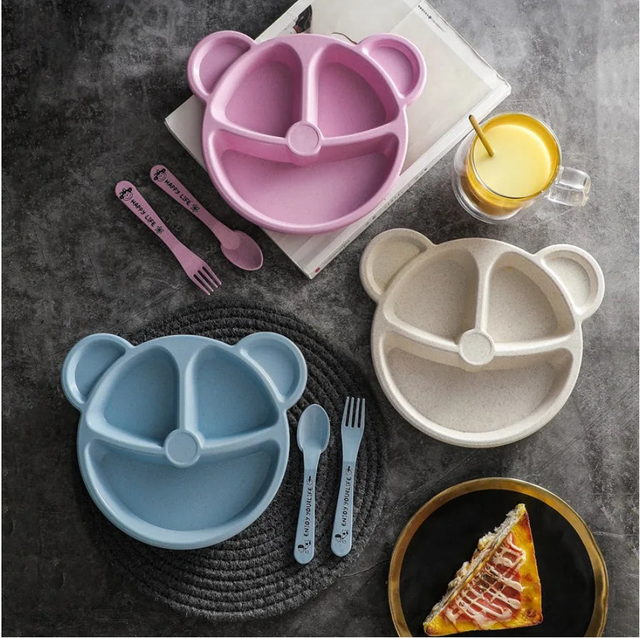 3Pcs Wheat straw children compartment dinner plate kindergarten students bear tableware set children tableware lunch box