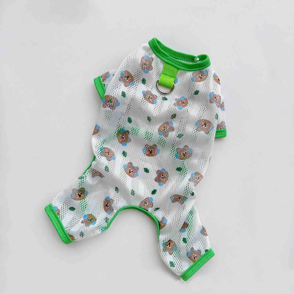 I YAN pet summer jumpsuit featuring a frog, bear, and unicorn print, breathable mesh dog onesie with four legs and sun protection.