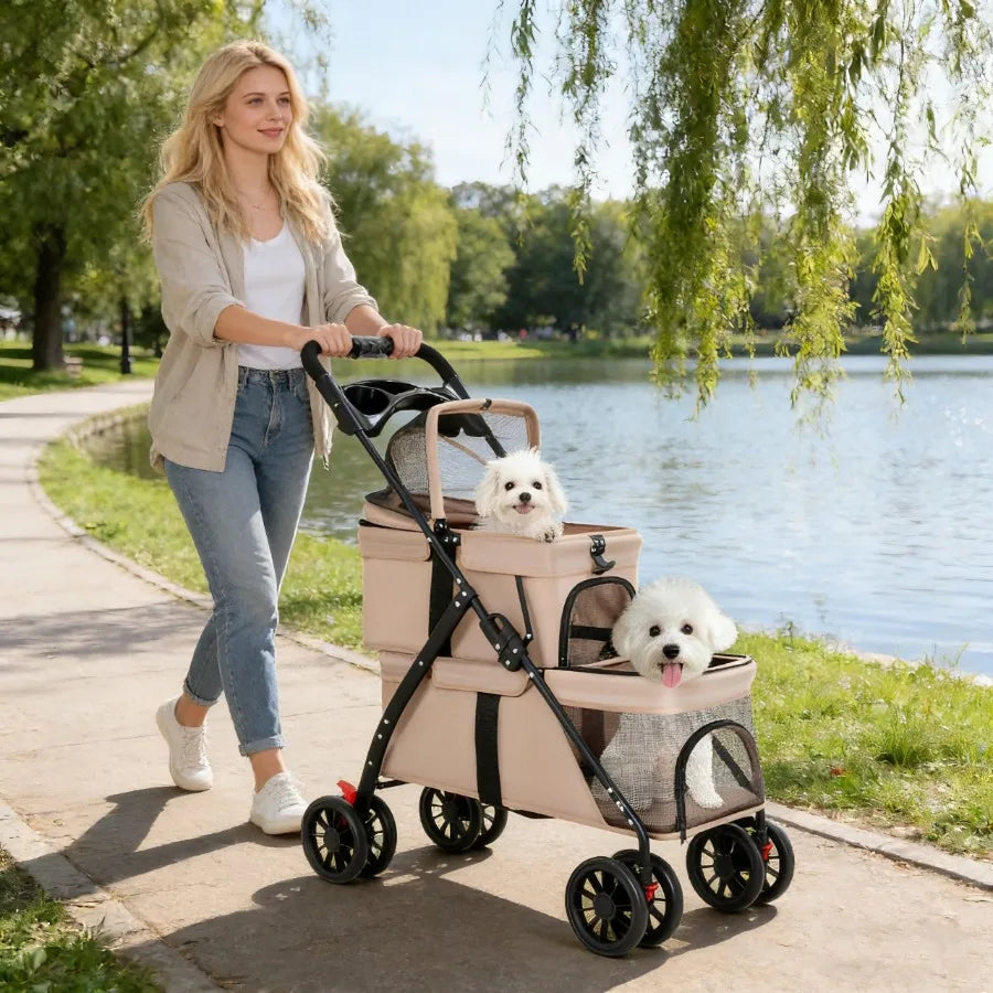 Foldable I YAN double pet stroller with lockable wheels, suitable for small cats and dogs, featuring two carriages for easy travel.