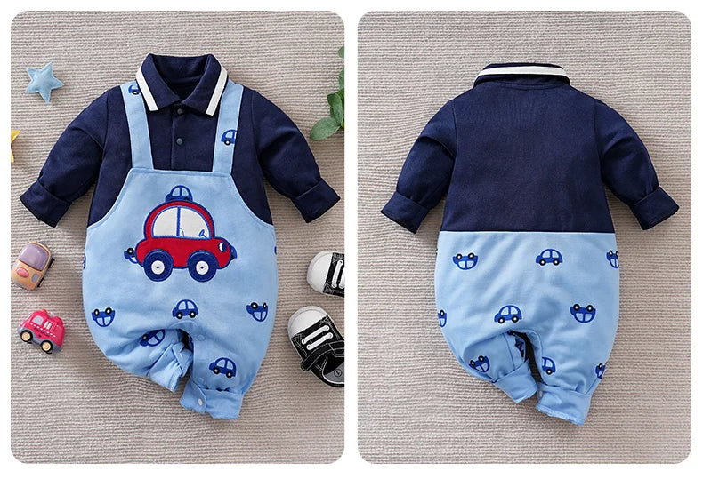 0-36MSpring and autumn newborn animal pattern imitation denim jumpsuit baby boys cotton
