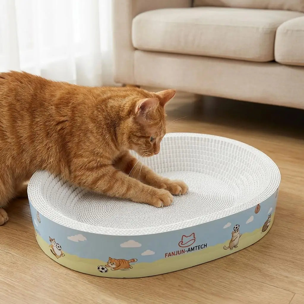 Large oval I YAN cat scratcher bed with corrugated lounge and anti-slip base, perfect for lounging and scratching.