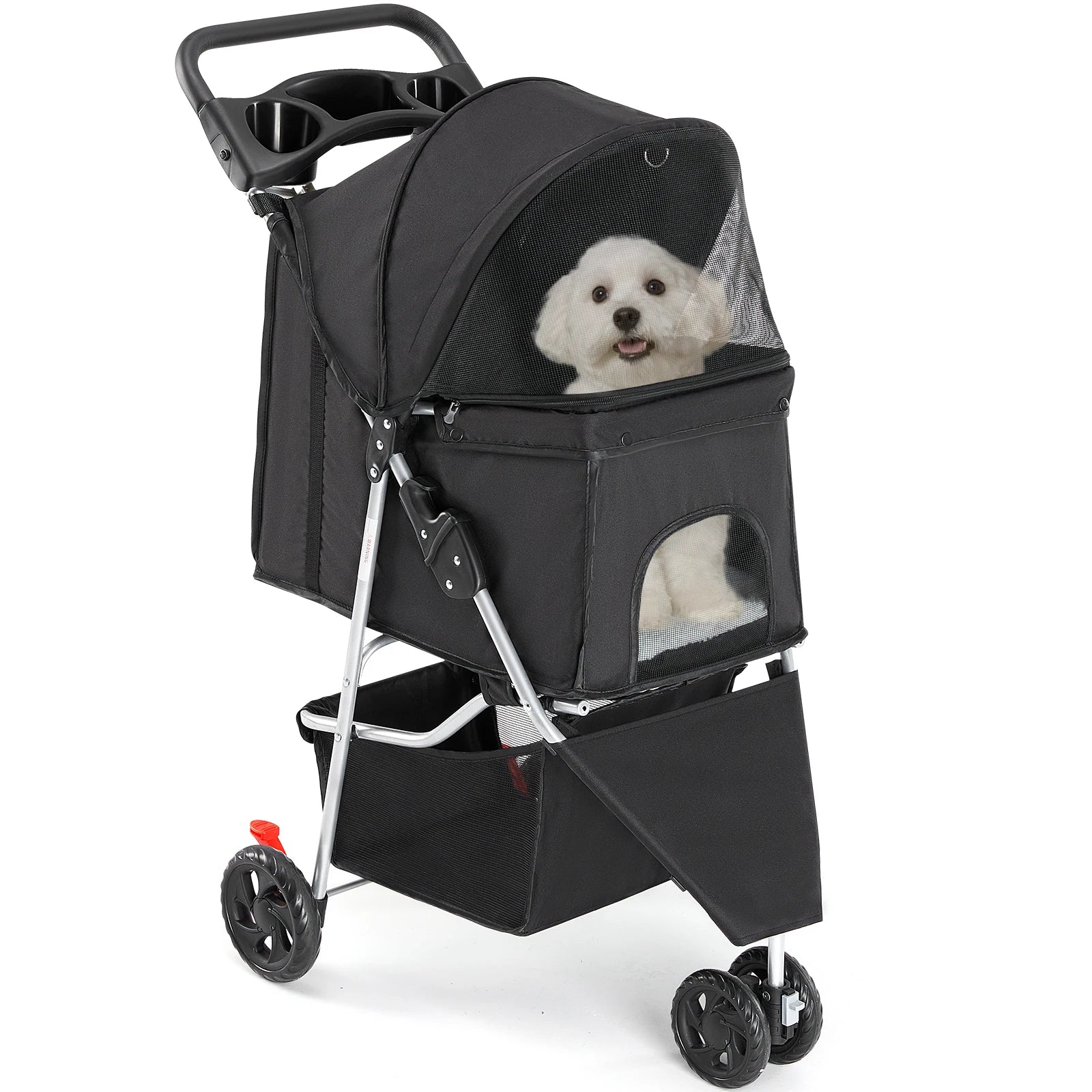 I YAN JHK 3-wheel foldable pet stroller with mesh windows, storage basket, and cup holder for small dogs and cats outdoor use