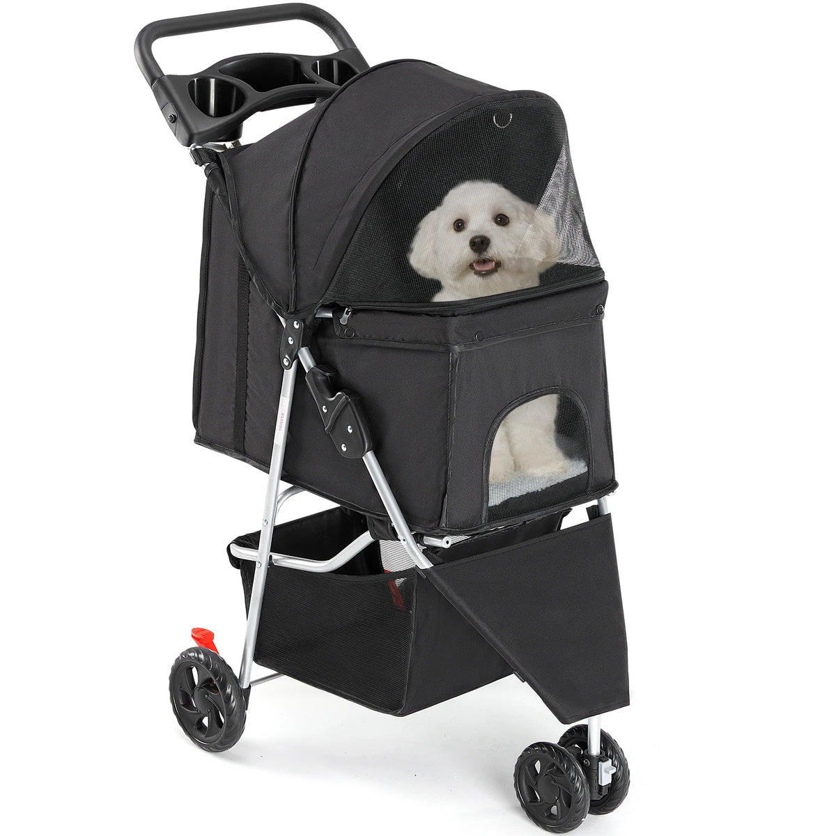 I YAN JHK foldable pet stroller with three wheels, mesh windows, storage basket, and cup holder for small dogs and cats outdoor use.
