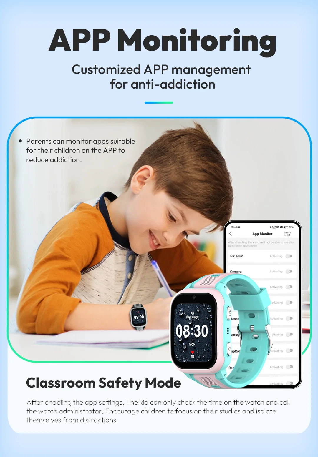Wonlex 4G Kids Smartwatch with dual cameras, GPS tracking, and 2GB RAM, showing children wearing the I YAN smart watch.