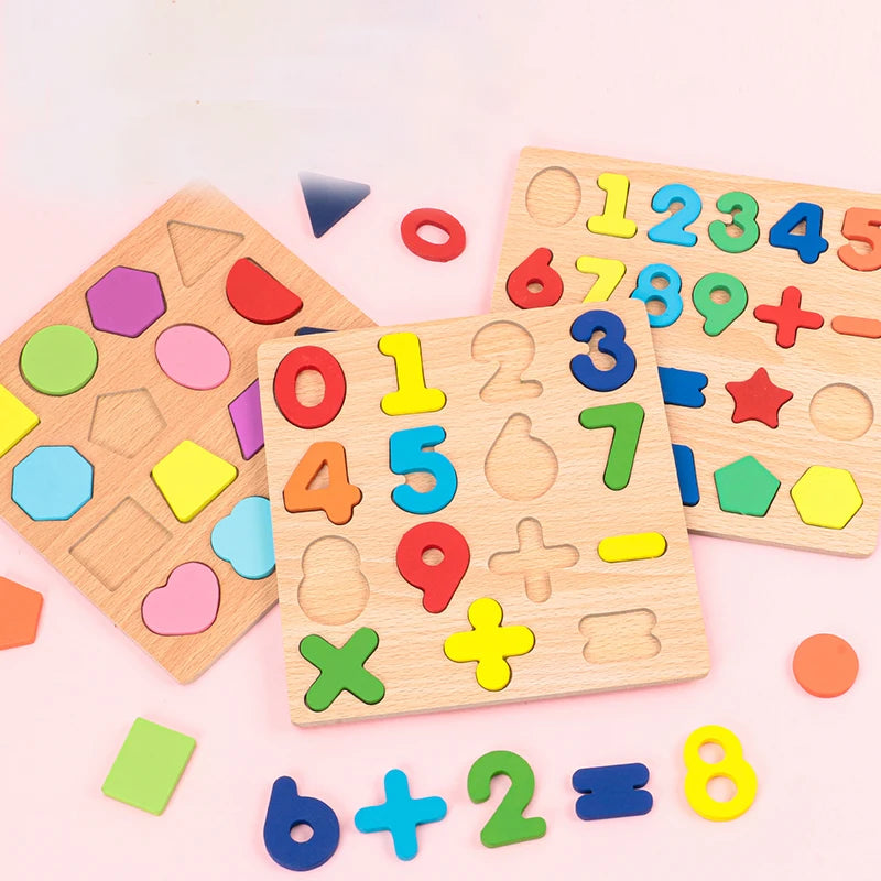 Wooden Montessori kids' educational puzzle with alphabet, numbers, and geometric shapes by I YAN for preschool learning.