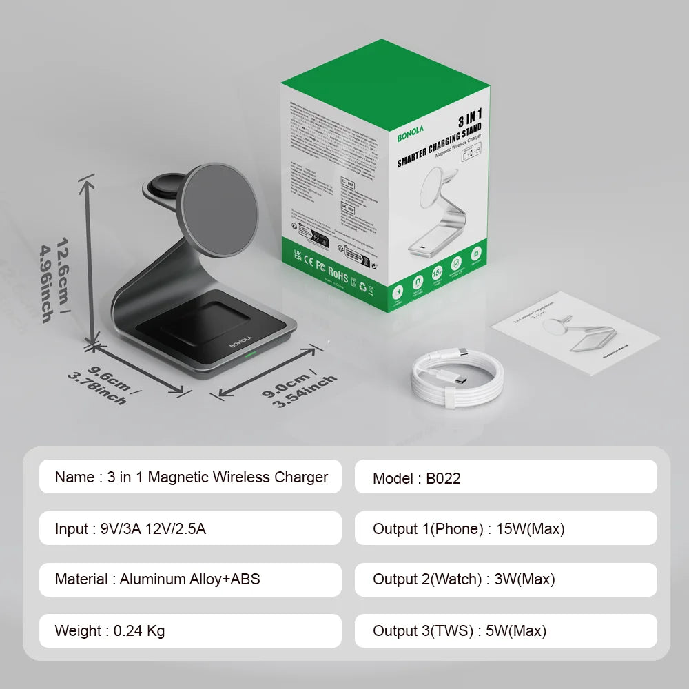 Bonola Magnetic 3 in 1 Wireless Charger Station for Samsung S24 Ultra/S25/26 Fast Charging Stand for Galaxy Watch 8/7/6/Earbuds