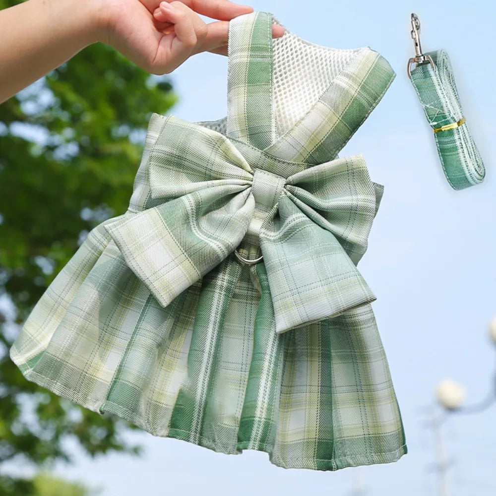 I YAN reusable dog harness with plaid design, leash attachment, adjustable washable fabric, and pet bow skirt for small dogs.