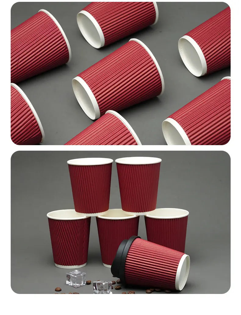 30pcs 8oz  Double-Walled Insulated Corrugated Cardboard Coffee Cups Thickened Disposable Striped Portable Paper Cups With Lids