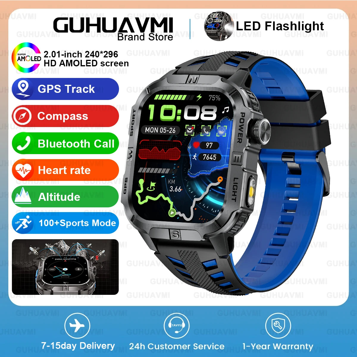 New Dual-Band Satellite GPS Smart Watch Men 2.01'' HD Screen Compass Military Flashlight Watches Waterproof Swim Smart Bracelet
