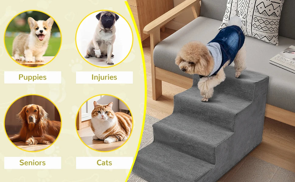 4-Tier/5-Tier Pet Stairs For Small Dogs & Cats, Non-Slip Bottom Design For High Beds & Couches, High-Density Foam Steps