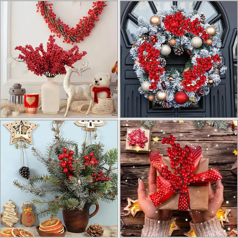1/60PCS Christmas Red Berries Branch Artificial Holly Berry Stamen Flowers Wreath for Tree Ornaments New Year Party Home Decor