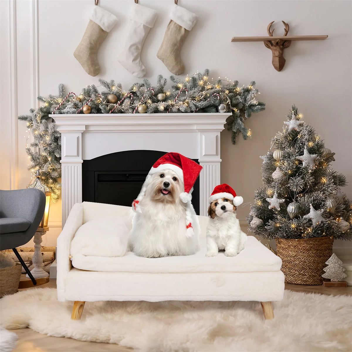 Elevated Nordic pet stool bed with cozy pad and waterproof cover, sturdy wood legs, ideal for small dogs and kittens.