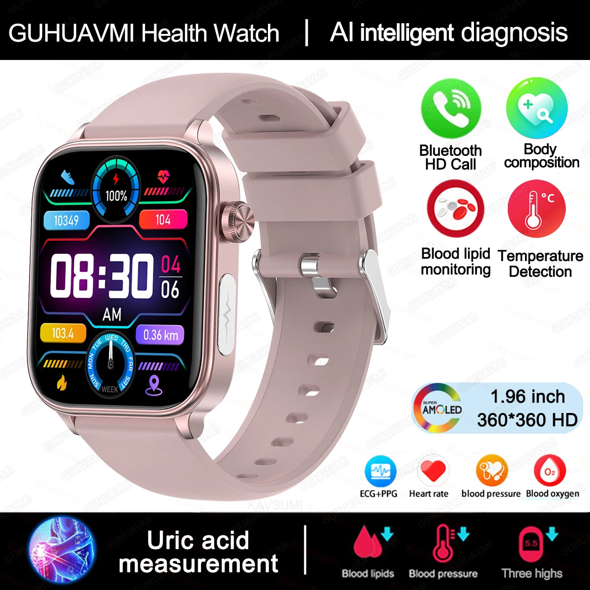 ECG+PPG Monitoring Smart Watch Women Blood pressure Blood Lipid Uric Acid Women Menstrual Health Tracker Smartwatches