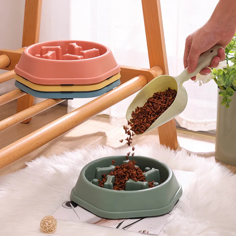Colorful I YAN pet slow food bowl for cats and dogs, round, non-slip, thickened design to prevent choking and promote healthy eating.