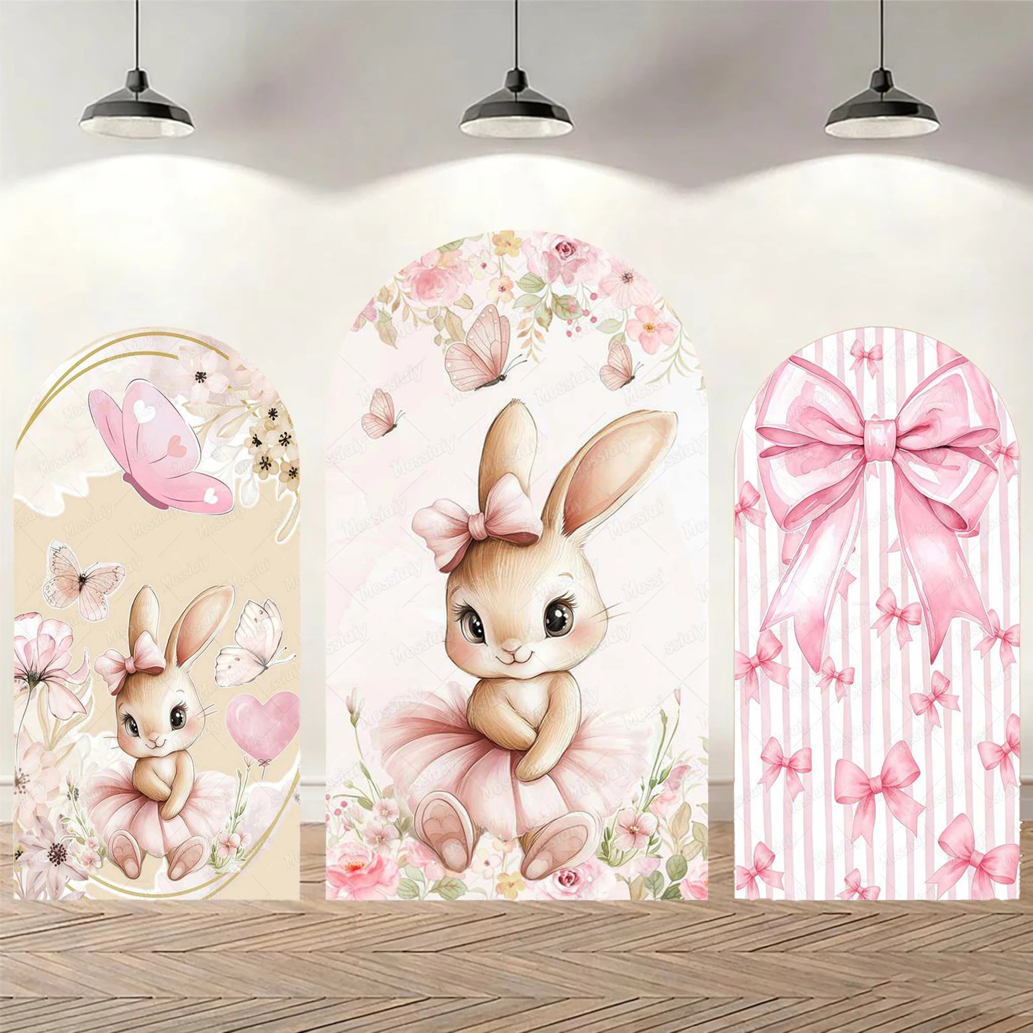 Little Rabbit Pink Flower Bow Baby Girl Birthday Party Arch Backdrop Cover Bunny Baby Shower Arched Photo Background Decor Props