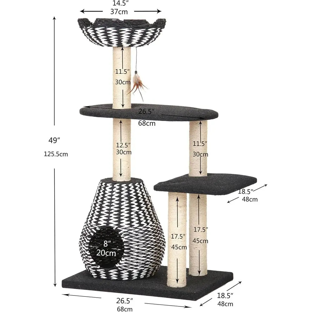 Handwoven cat tree with condo and sisal posts by I YAN, featuring a cozy hideaway and scratching surfaces for cats.