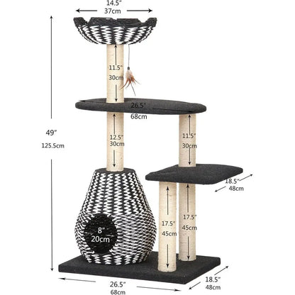 Handwoven cat tree with condo and sisal posts by I YAN, featuring a cozy hideaway and scratching surfaces for cats.