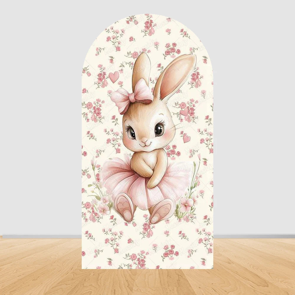 Little Rabbit Pink Flower Bow Baby Girl Birthday Party Arch Backdrop Cover Bunny Baby Shower Arched Photo Background Decor Props