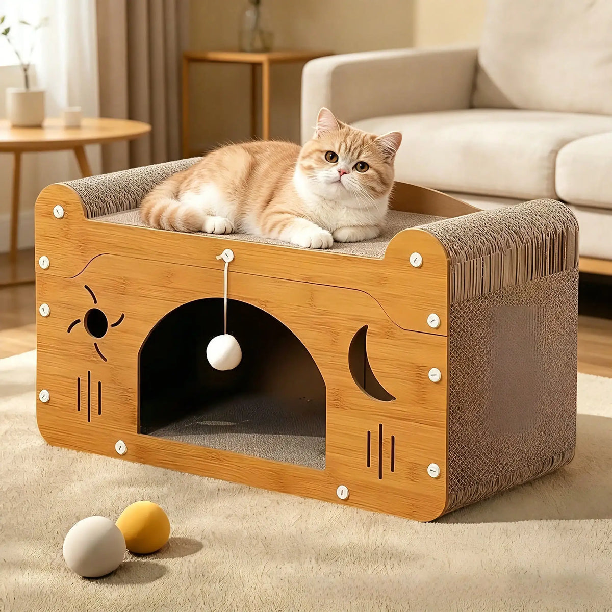 Double layer cat scratcher lounge by I YAN with cardboard hideaway and pom-pom toys for cats to scratch, play, and rest.