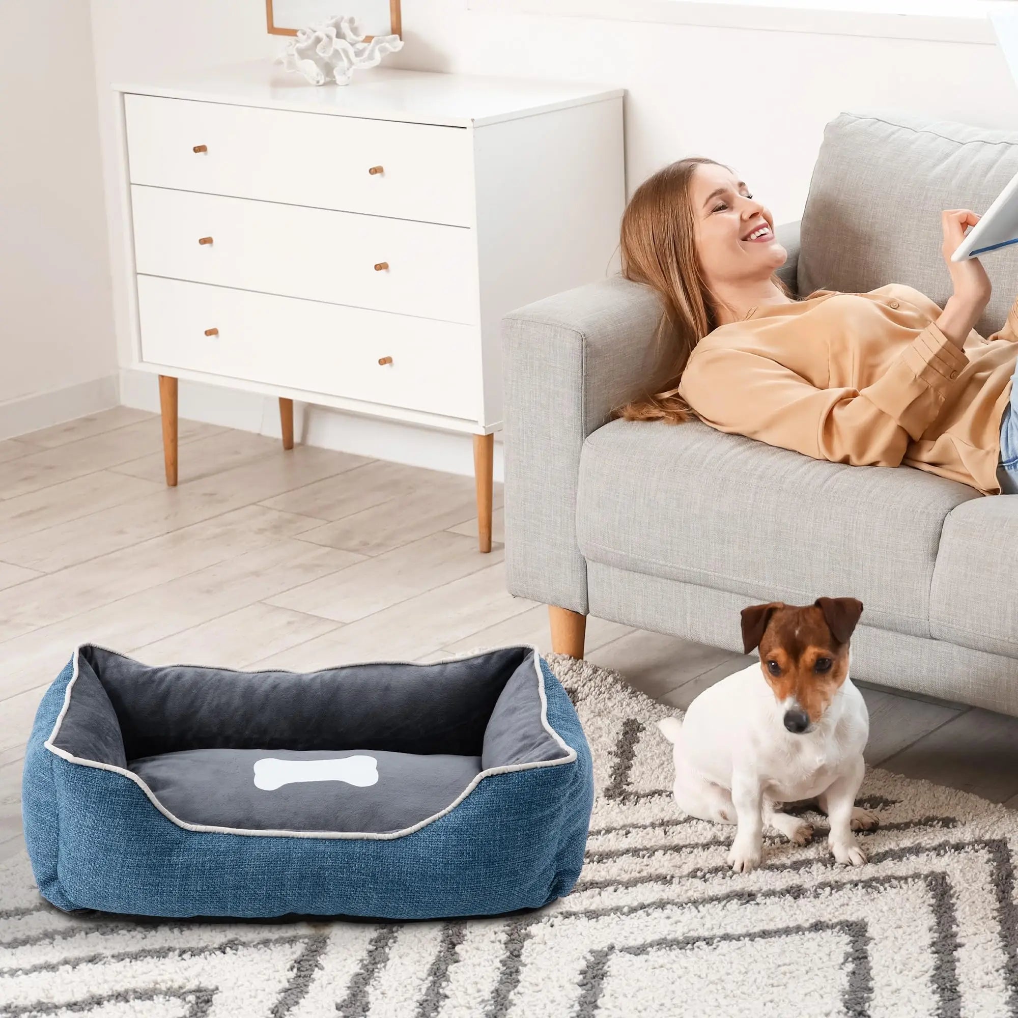 Small Dog Bed with Anti-Slip Bottom, Cat Bed with Removable Washable Cover, Plush Pet Bed for Dogs and Cats, Cute Dog Pillow Bed, Calming Cat Couch Bed for Indoor, Outdoor, Blue
