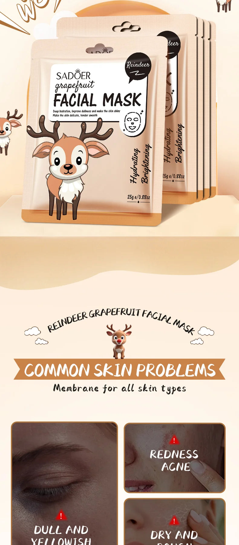 5pcs SADOER Cartoon Fresh Fruit Facial Masks Moisturizing Soothing Brightening Hydrating Face Mask for Facial Skin Care