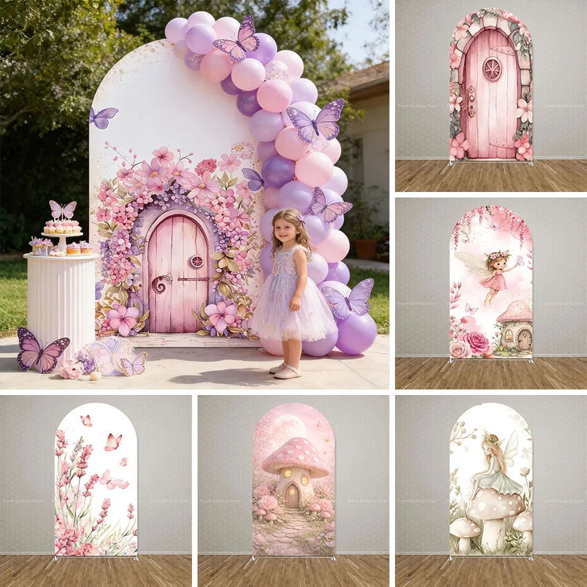 Custom Double-sided Wonderland Fairy Mushroom Butterfly Arch Backdrop Cover Girls Birthday Party Baby Shower Decor Background